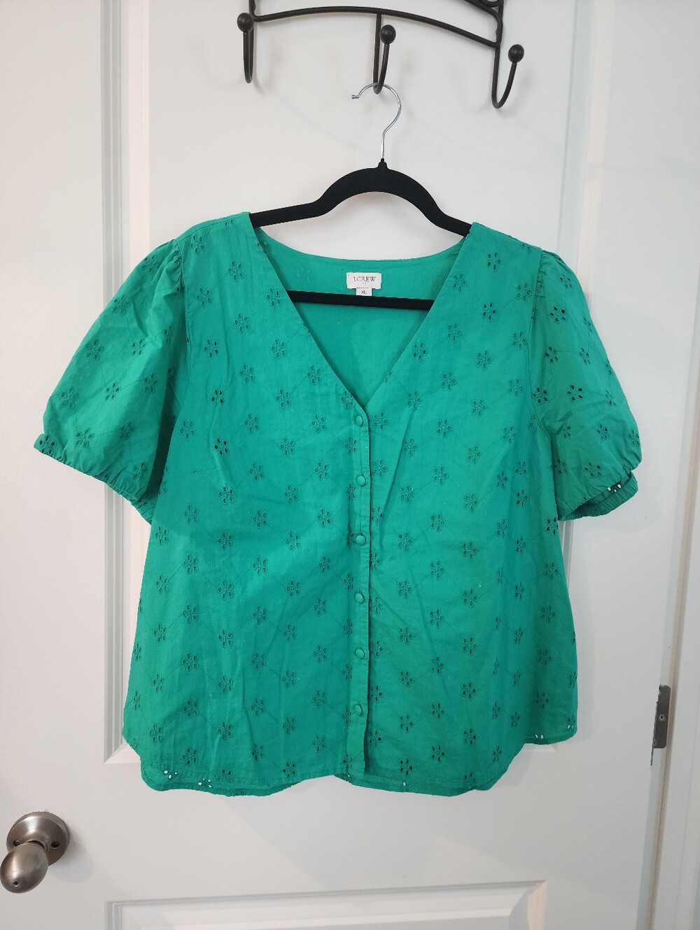 J. Crew Green Eyelet Button-Front Blouse Size XL.